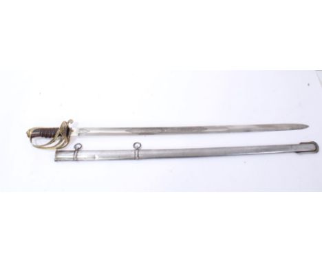 Victorian-style Indian Infantry Officers' sword with brass Gothic hilt and crowned VRI cipher, etched blade in steel scabbard