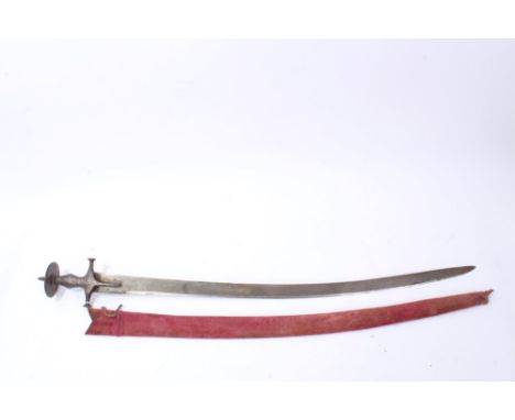 19th century Indian tulwar with silver damascened disc hilt, curved blade in red velvet-covered scabbard