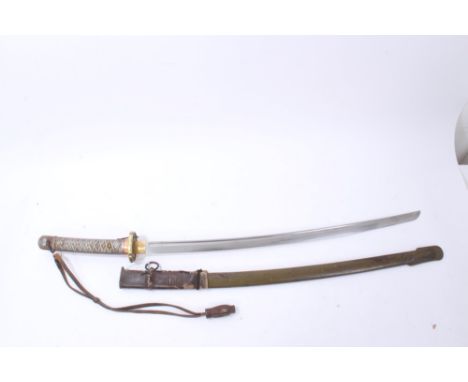 Second World War Japanese N.C.O's Katana with cast alloy hilt, curved fullered blade in steel and leather scabbard.