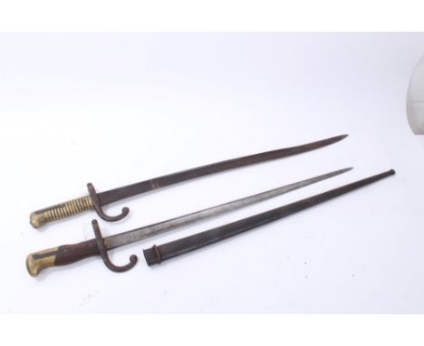French 1866 pattern Chassepot Bayonet (lacking scabbard), together with a 1874 pattern Gras Bayonet in scabbard