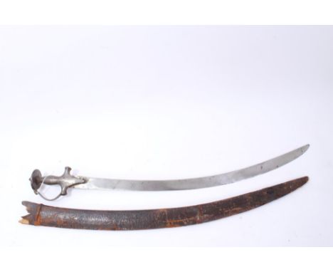 19th Century Indian Tulwar with disc pommel, scroll guard and curved blade in leather scabbard