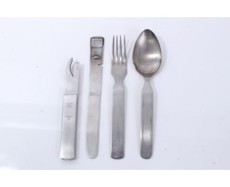 Second World War Nazi Wehrmacht Field cutlery set, comprising knife, fork, tin opener and spoon, with eagle and swastika embl