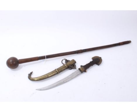 Old African Knobkerrie with wirebound bands on shaft, together with an Eastern Dagger with brass mounted scabbard (2)