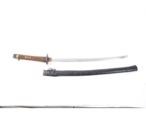 Second World War Japanese Naval officers’ katana with regulation mounts, curved blade, unsigned in leather-covered scabbard, 