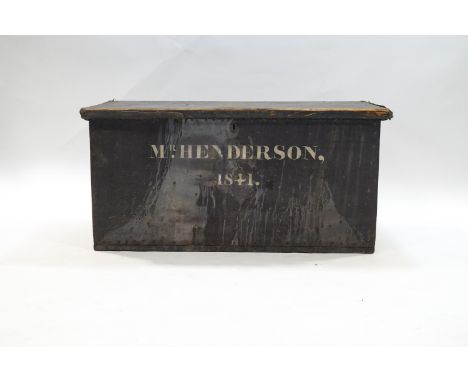 A 19th century travelling trunk with iron side handles, 56cm high x 117cm wide x 57cm deep