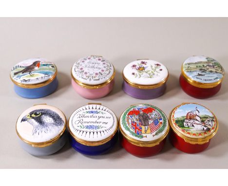 Eight enamel trinket boxes by various makers including Halcyon Days and Crummles,  4.5cm diameter
