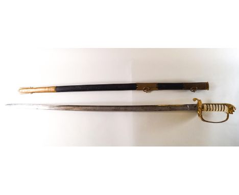 A Wilkinsons Naval dress sword and scabbard, the engraved blade with oakleaf detail, the Prince of Wales feathers and maker's