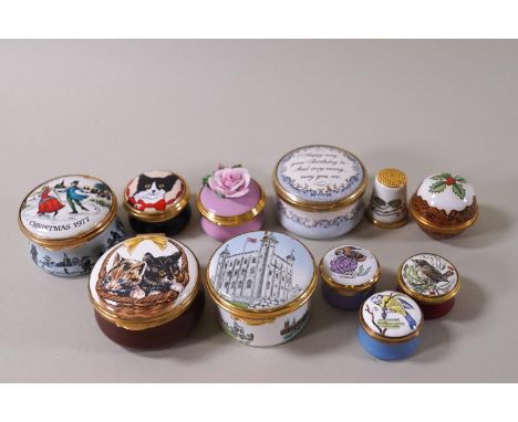 Ten enamel trinket boxes including Bilston and Battersea and Crummles, 2cm - 4.5cm diameter,  together with a Birmingham Enam