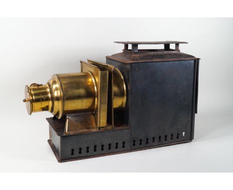 A Victorian brass and lacquered magic lantern slide projector, 38cm long