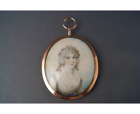 Samuel Shelley (1756-1808), portrait miniature of a lady wearing a white dress, watercolour on ivory, within a yellow metal l