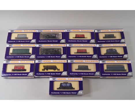 Thirteen Dapol N-gauge model railway coaches, wagons and two locomotives, Terrier Southern Black 2662 and Lined Black 30031, 