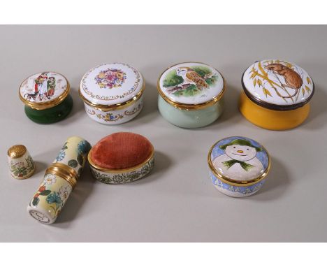 Five enamel trinket boxes including Kingsley and Border Fine Arts, and a Staffordshire enamel lipstick case, thimble and pin 