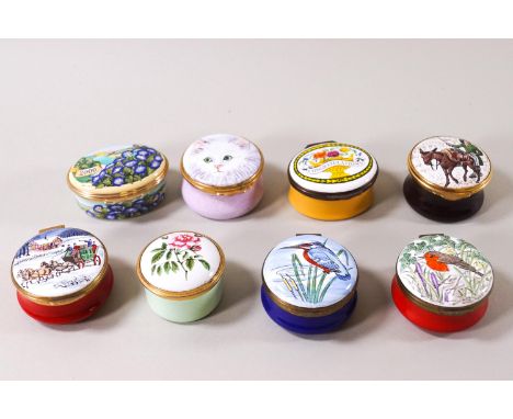 Eight enamel trinket boxes by various makers including Crummles, Eden Enamels, Staffordshire Enamels, Halcyon Days, most 4.5c