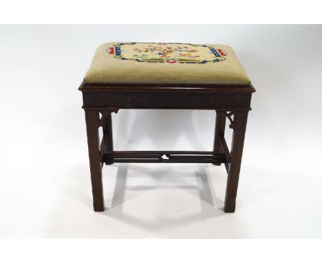 A Chippendale style mahogany stool with tapestry drop in seat, 57cm high x 58cm wide x 40cm deep