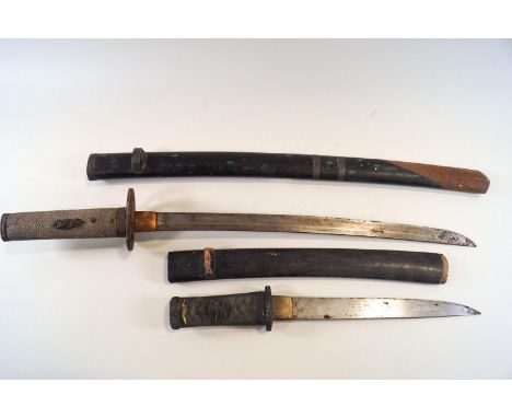 An early Japanese short sword and lacquered scabbard, pierced tsuba and shagreen grip, and a further Japanese sword with cott