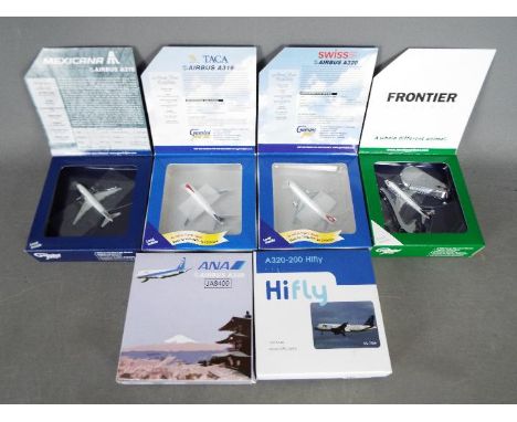 Gemini Jets - A fleet of six boxed diecast model aircraft in 1:400 scale by Gemini Jets. Lot includes Airbus A320 'JA8400' Li