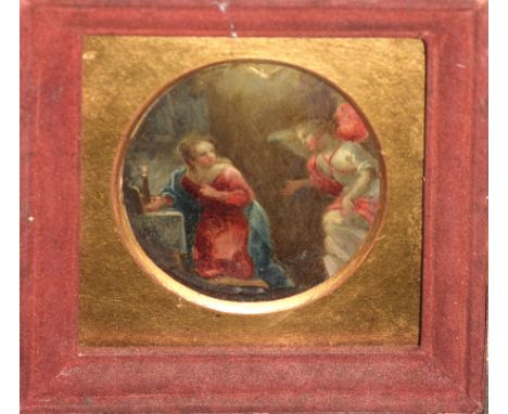 Continental School (19th century), An angel visiting a kneeling lady (after an Old Master), oil on oval brass plate, the reve