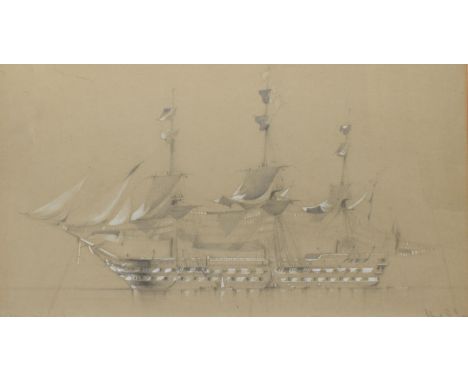 Robert Jones, Two gun deck man-o-war, pencil and watercolour, signed lower right, 32 x 51cm