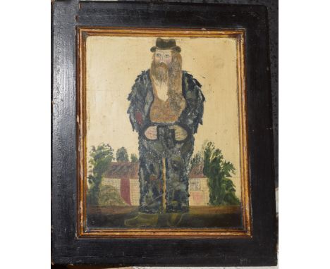 Primitive School (19th/20th century), Duck shooter outside a cottage, oil on panel, with ebonised surround, 23 x 19cm