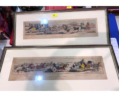 A set of 3 coaching prints:&nbsp; A Trip to Brighton; 2 watercolours; a print of a dog 