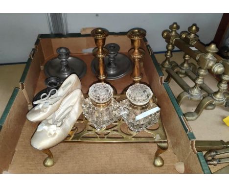 Two cut glass inkwells; 2 pairs of brass candlesticks; 3 pewter candle holders; a vintage pair of small girl's shoes 