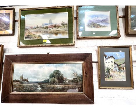 19th Century School:&nbsp; river landscape with cathedral to the rear, watercolour, unsigned, 30 x 50cm, framed and glazed; a