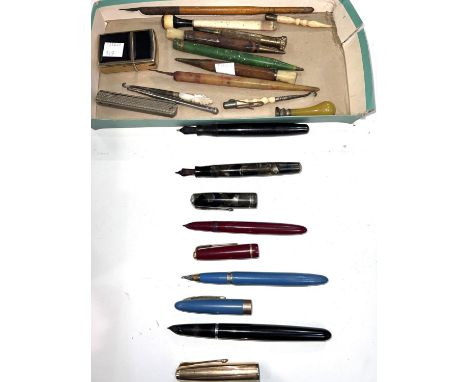 Three Parker vintage fountain pens; other pens; pencils; etc. 