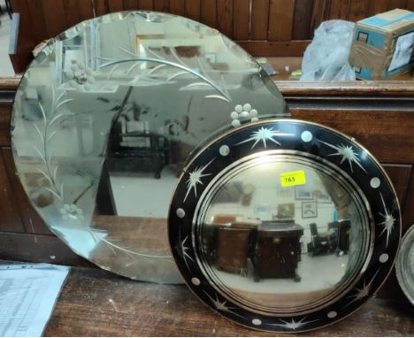 A 1950's convex mirror; a 1950's mirror in circular decorated frame, a Coca-Cola advertising mirror 