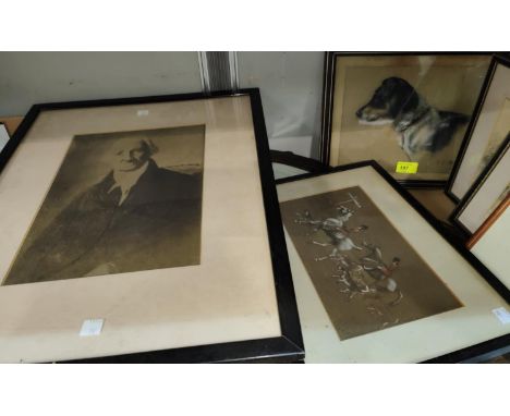 A charcoal study of a dog and other pictures and prints; a beaded oak framed mirror and another in mahogany frame