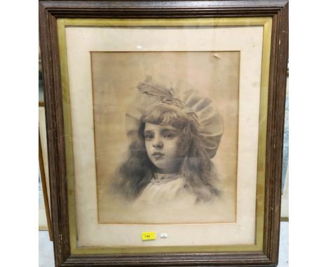 A Victorian pencil sketch portrait of young girl in feather cap, signed indistinctly, dated 1896, framed and glazed 