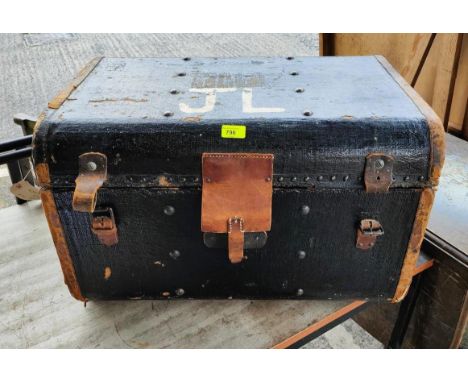 A vintage travel chest with domed studded top and leather binding, by Jekins Bros 