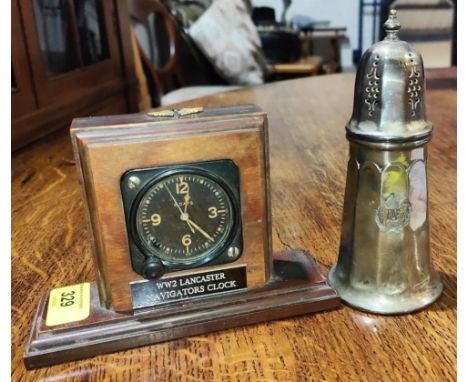 An Elgin WWII Aircrafts dashboard clock (Nat'L watch) in stand, a Walker &amp; Hall silver plated RAF sugar dredger 