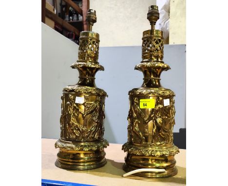 A 19th century pair of brass lamp bases in the classical style, overall height 42cm (converted to electric light) 