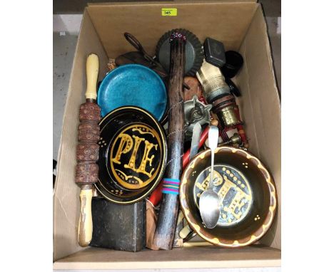 A selection of collectables, printing roller, rain stick etc 
