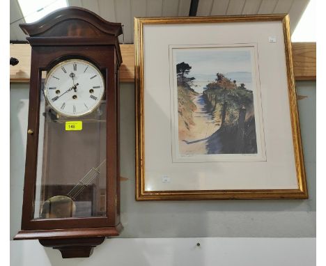 A mahogany cased Comeitti London wall clock with striking movement; a print after Rob Piercy 'Beach Path' framed and glazed 