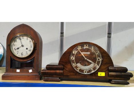 A mantel clock in Art Deco walnut case, 53cm; another in oak case 