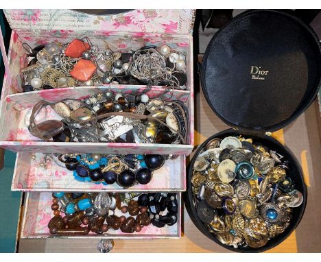 An assortment of costume jewellery earrings in Christian Dior case; a box of costume jewellery 