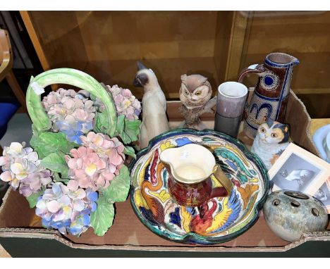 An Aynsley owl and 2 other bisque animals; an Art Nouveau stoneware vase; an encrusted floral basket, glassware etc 