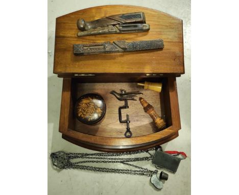 A steel chatelaine with various sewing accessories, aide memoire etc, a selection of vintage sewing accessories 