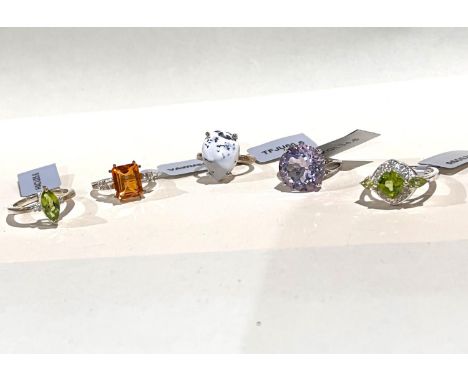 5 fancy hallmarked silver dress rings including 2 x Red Dragon Peridot; Rose amethyst; Dendrite; Padparadsche quartz 