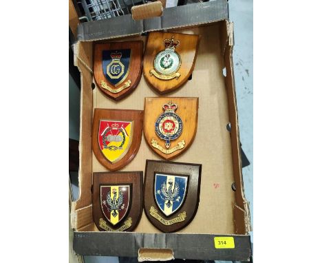 Six military plaques on wooden shields, Army, Airforce etc 