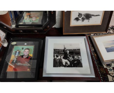 A signed print of Phil "The Power" Taylor with darts trophy; a photo of 1966 World Cup players inc. Bobby Moore; a signed pho