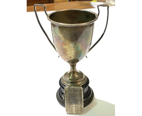 A hallmarked silver trophy cup (dented) Birmingham 1948, a&nbsp; hallmarked silver vesta case, Birmingham 1893 4oz 