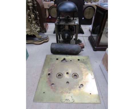 An 18th Century 30 hour birdcage clock movement with later strike, 10" brass square dial plate with engraved scroll work, wei