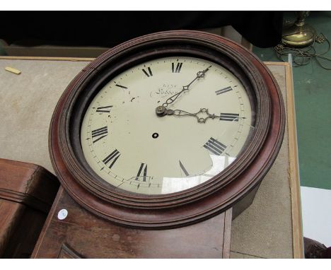 A 19th Century mahogany cased drop dial wall clock for restoration, painted metal Roman dial signed King, Loddon, glass damag