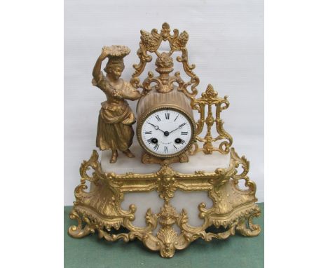 A mid to late 19th Century French git figural and alabaster clock, Roman enamel dial, 8 day movement striking on a bell, 38.5