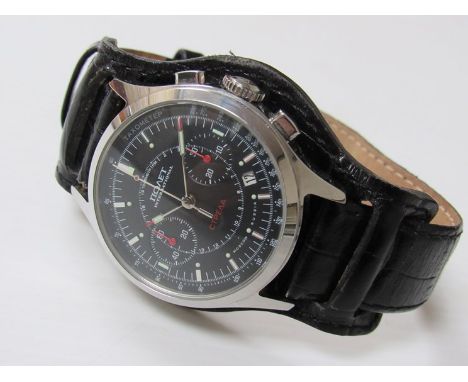 POLJOT STRELA: A steel cased manual winding chronograph wristwatch with black dial, tachymeter scale, date aperture and trans