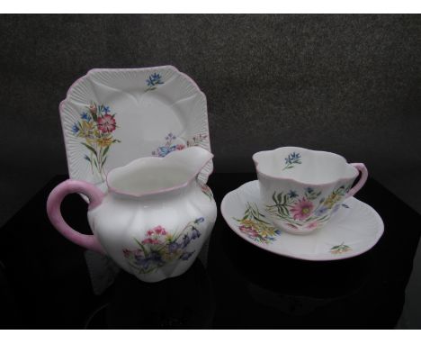 Shelley "Wild Flowers" teawares pattern 13668, five cups, saucers, milk jug and sugar bowl, 15 pieces