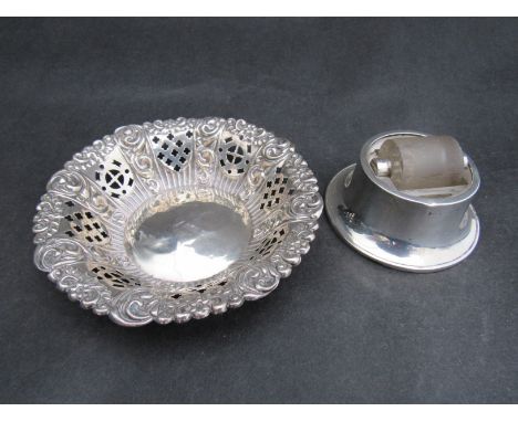 A silver pierced and embossed silver bon bon dish, Birmingham 1900 and a silver and glass stamp roller (2)