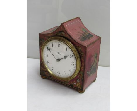 An early 20th Century Japanned lacquered desk clock with Arabic enalled dial and French drum movement, signed Malloy, Bath, w